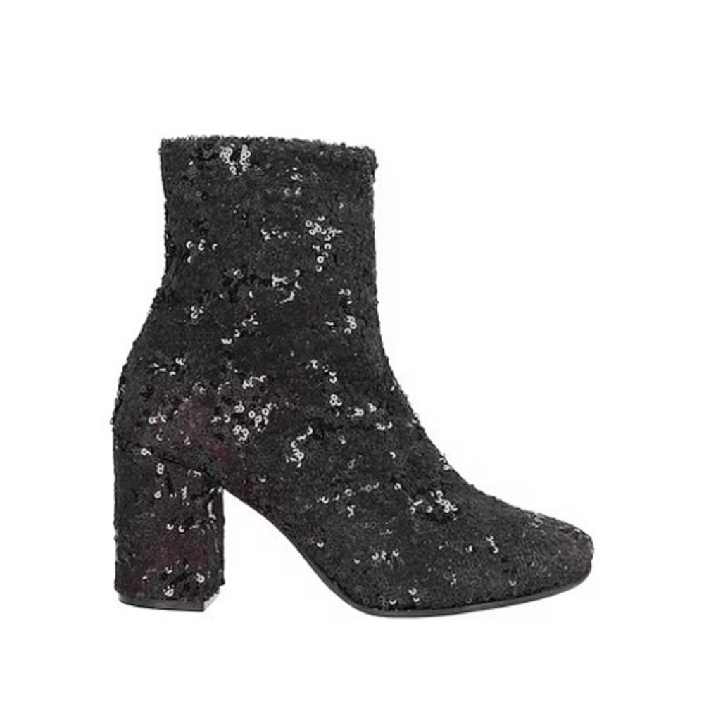NWT Le Babe Black Sequin Ankle Boots Block Heel Almond Toe Italian Sparkly